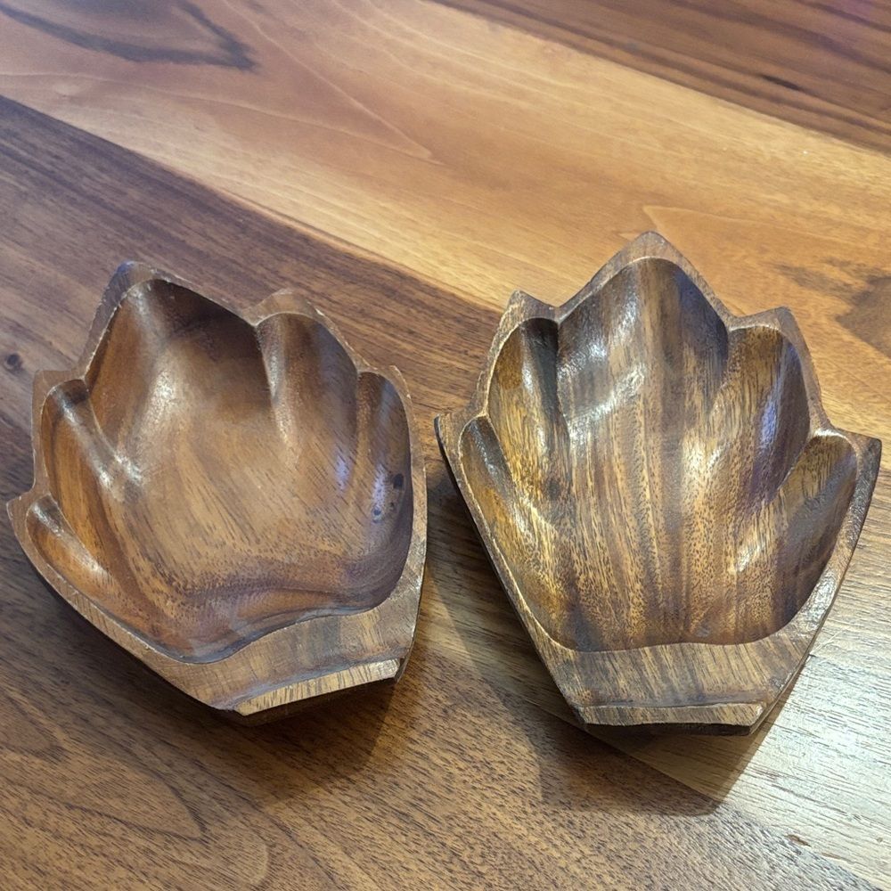 Vintage Hand Carved Wooden Bowls Set of Two Nut Candy Dish